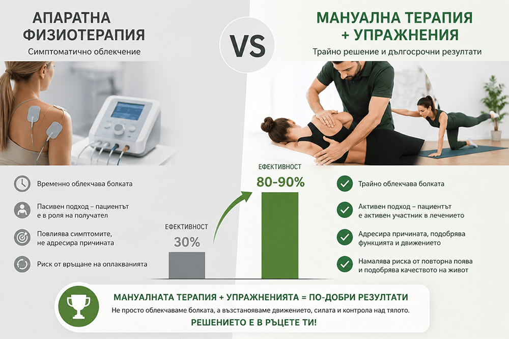 Апаратна физиотерапия vs. мануална терапия и упражнения – кое е по-ефективно?